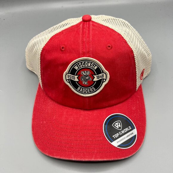 Wisconsin Badgers Trucker Hat Men Red Top of the World NCAA‎ Snap Back Cap New - Picture 1 of 7